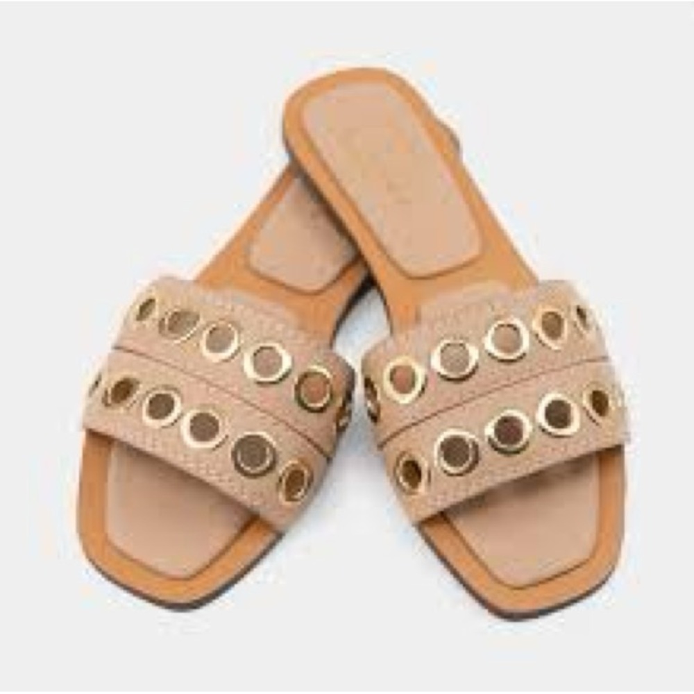 ShuShop Tan Sandals with Gold Details